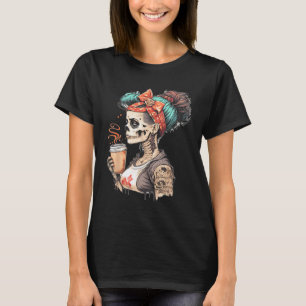 Halloween Skeleton Messy Bun Coffee Funny Costume T-Shirt