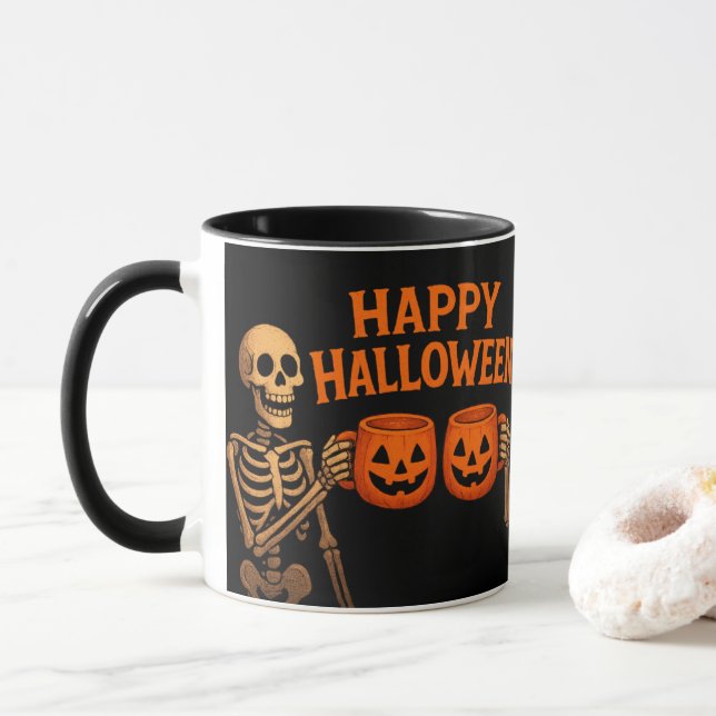 "Halloween Skeleton Mug with Pumpkin Cups – Spooky (With Donut)