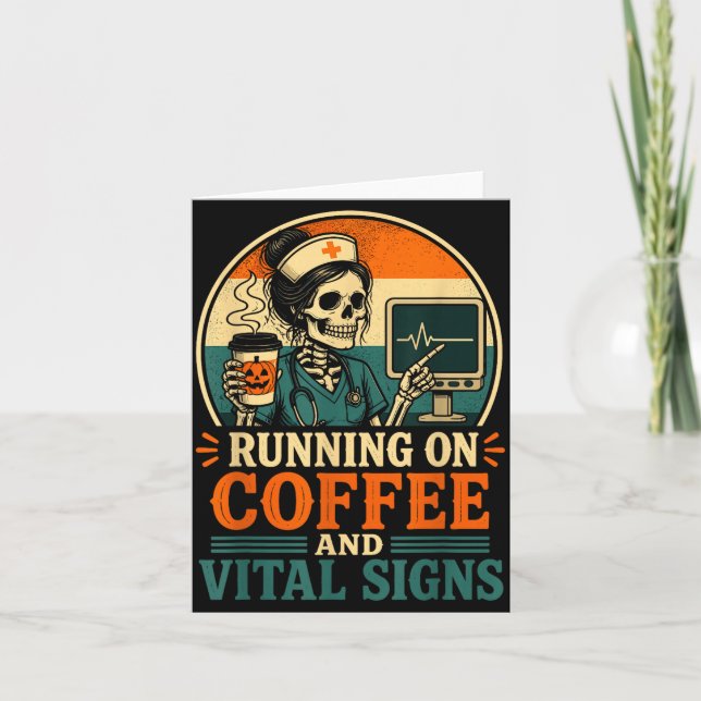 Halloween skeleton nurse retro coffee lover card (Front)