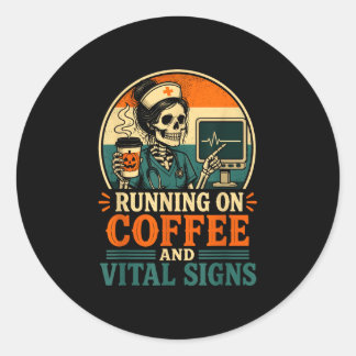 Halloween skeleton nurse retro coffee lover classic round sticker