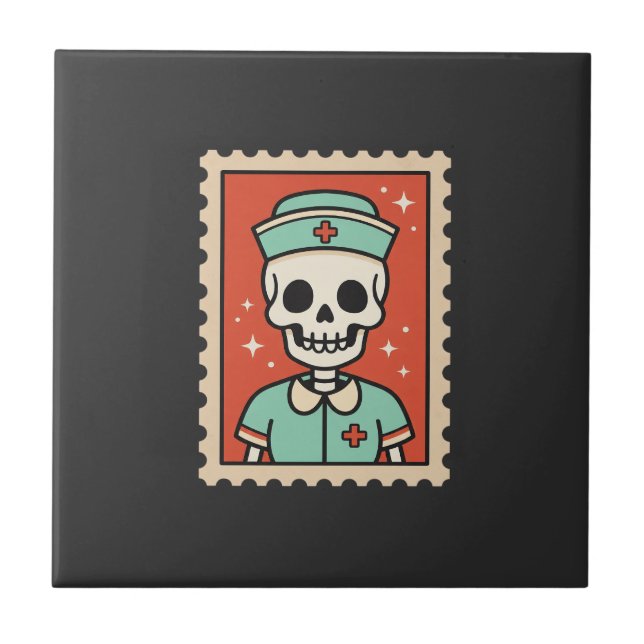 Halloween Skeleton Nurse Stamp Design_1 Ceramic Tile (Front)