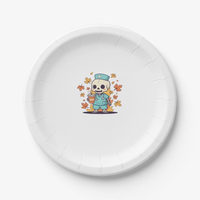 Halloween Skeleton Nurse With Coffee Classic T-Shi Paper Plate (Front)