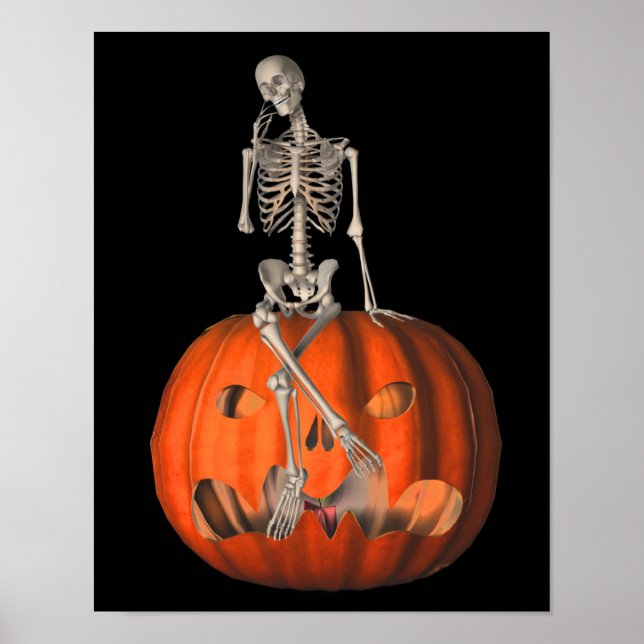 Halloween Skeleton On Jack O Lantern Pumpkin Poster (Front)