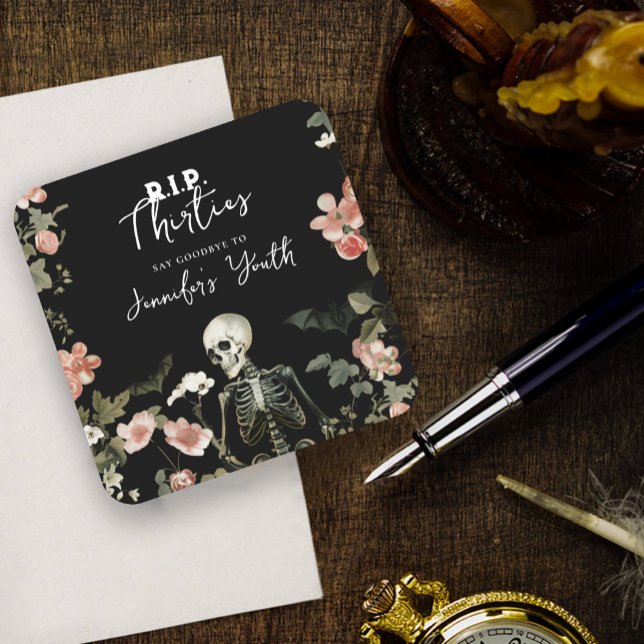 Halloween Skeleton Pink Floral 40th Birthday Party Square Paper Coaster (Creator Uploaded)