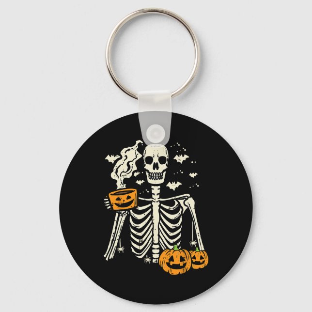 Halloween Skeleton Pumpkin Fall Coffee Fun Costume Key Ring (Front)