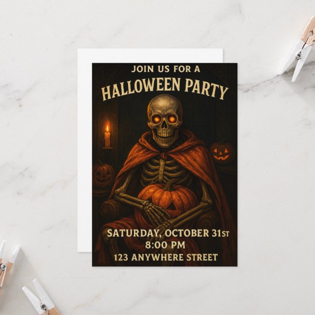 Halloween Skeleton Pumpkin Theme Party Invitation (Front/Back In Situ)