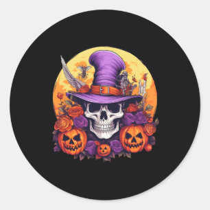Halloween Skeleton Purple Hat Orange Belt Floral B Classic Round Sticker