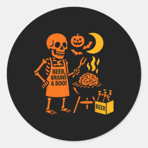 Halloween Skeleton Rbecue Beer Brains Boo Spooky P Classic Round Sticker