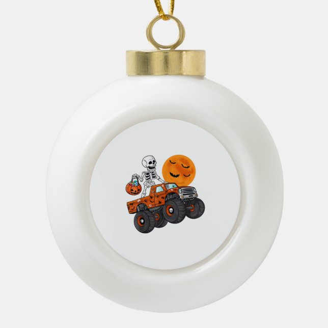 Halloween Skeleton Riding Monster Truck Ceramic Ball Christmas Ornament (Front)