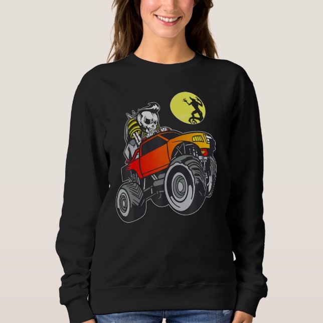 Halloween Skeleton Riding Monster Truck Kids Sweatshirt (Front)