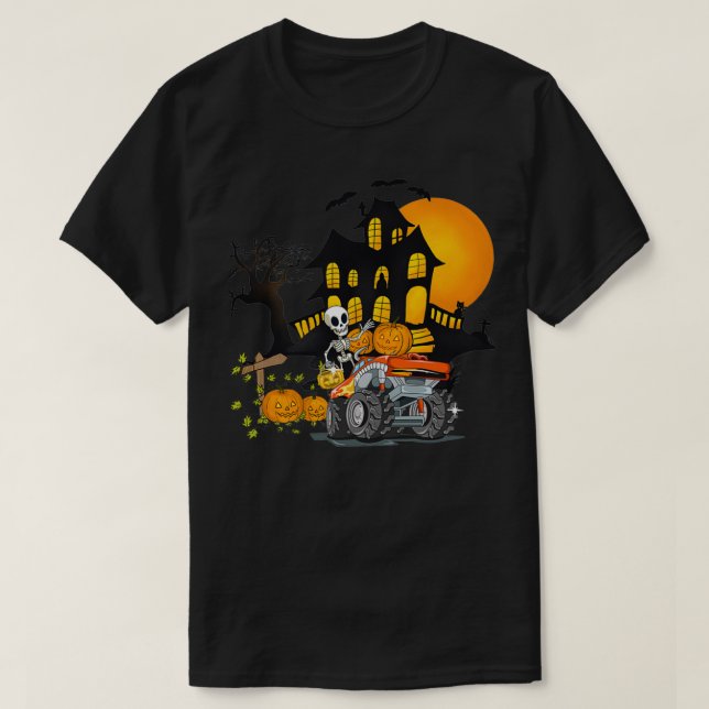 Halloween Skeleton Riding Monster Truck Pumpkin Bo T-Shirt (Design Front)