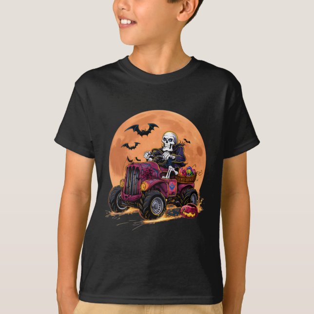 Halloween Skeleton Riding Monster Truck Toddler Bo T-Shirt (Front)