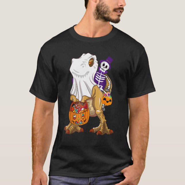 Halloween Skeleton Riding Mummy Dinosaur Rex  Pump T-Shirt (Front)