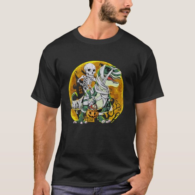 Halloween Skeleton Riding Mummy Dinosaur rex Pumpk T-Shirt (Front)