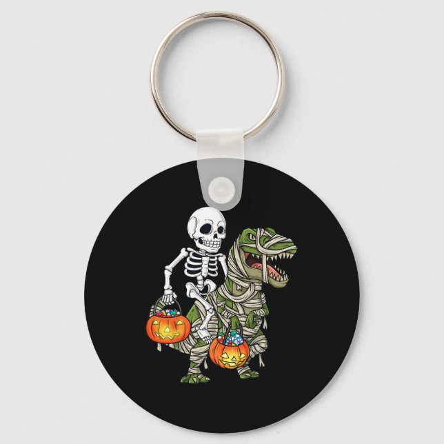 Halloween Skeleton Riding Mummy Dinosaur T Rex Fun Key Ring (Front)