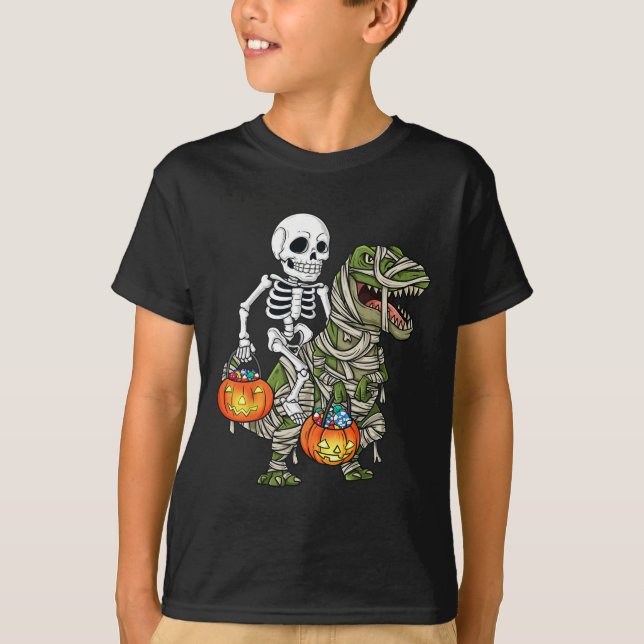 Halloween Skeleton Riding Mummy Dinosaur T Rex Fun T-Shirt (Front)