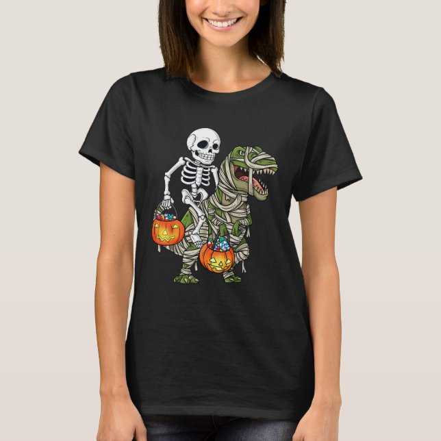 Halloween Skeleton Riding Mummy Dinosaur T Rex Fun T-Shirt (Front)