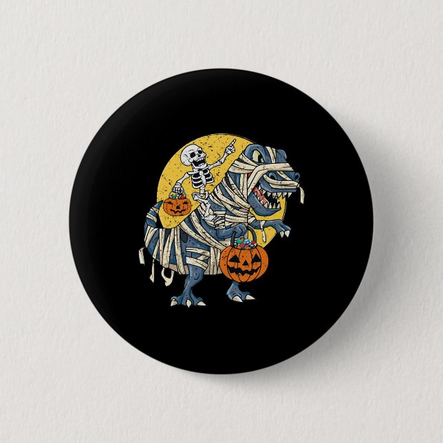 Halloween Skeleton Riding Mummy Dinosaur T rex Pum 6 Cm Round Badge (Front)