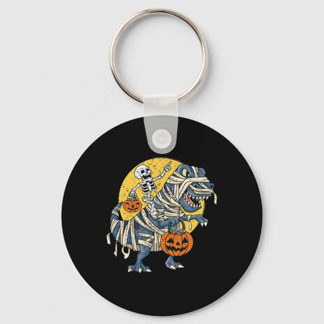 Halloween Skeleton Riding Mummy Dinosaur T rex Pum Key Ring (Front)