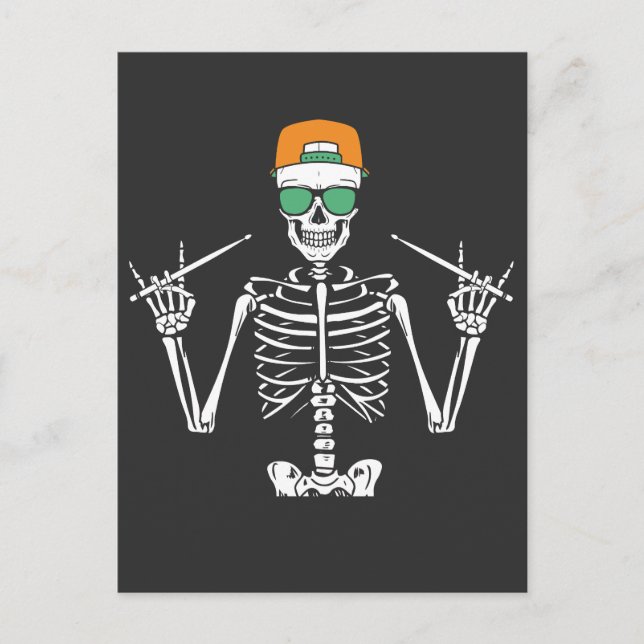 Halloween Skeleton Rock Hand Playing Drums Postcard (Front)