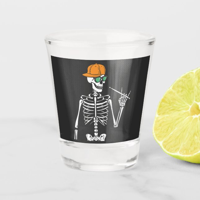 Halloween Skeleton Rock Hand Playing Drums Shot Glass (Front)