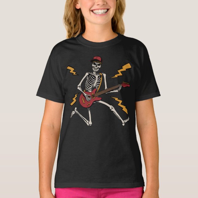 Halloween Skeleton Rock Hand Playing Guitar Girl T-Shirt (Front)