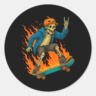 Halloween Skeleton Skateboarding Pumpkin Flame Classic Round Sticker