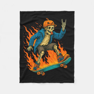 Halloween Skeleton Skateboarding Pumpkin Flame Fleece Blanket
