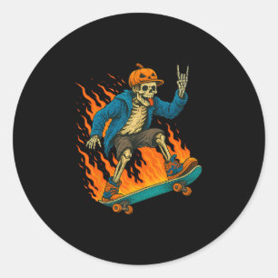 Halloween Skeleton Skateboarding Pumpkin Flame Spo Classic Round Sticker