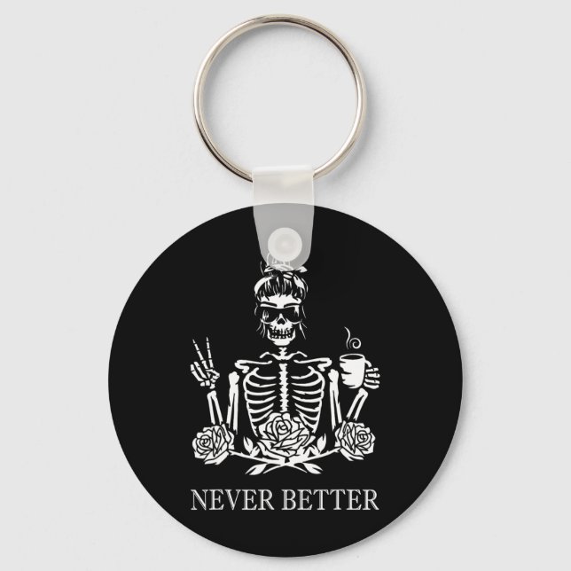 Halloween Skeleton Skull Women Drinking Coffee Nev Key Ring (Front)