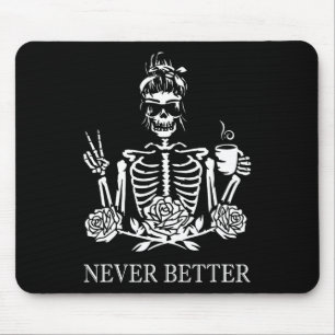 Halloween Skeleton Skull Women Drinking Coffee Nev Mouse Pad