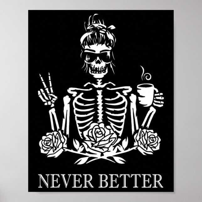 Halloween Skeleton Skull Women Drinking Coffee Nev Poster (Front)