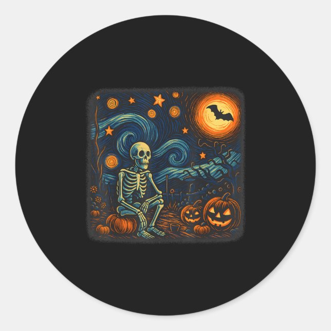 Halloween Skeleton Starry Night Van Gogh Pumpkin M Classic Round Sticker (Front)
