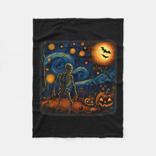 Halloween Skeleton Starry Night Van Gogh Pumpkin M Fleece Blanket