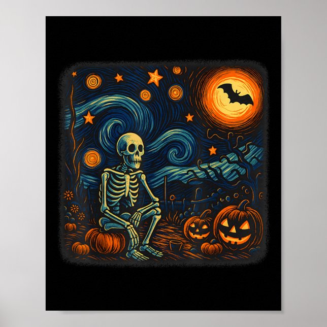 Halloween Skeleton Starry Night Van Gogh Pumpkin M Poster (Front)