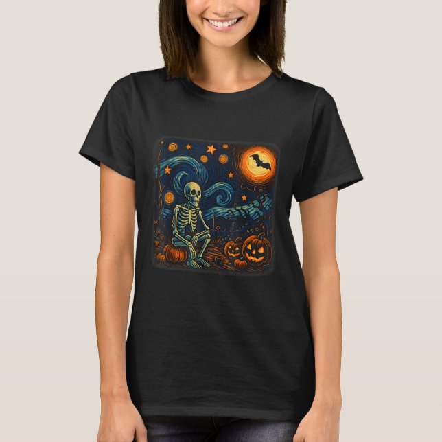 Halloween Skeleton Starry Night Van Gogh Pumpkin M T-Shirt (Front)