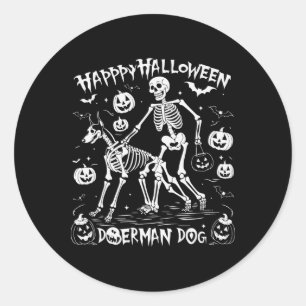 Halloween Skeleton Walking Doberman Dog Classic Round Sticker