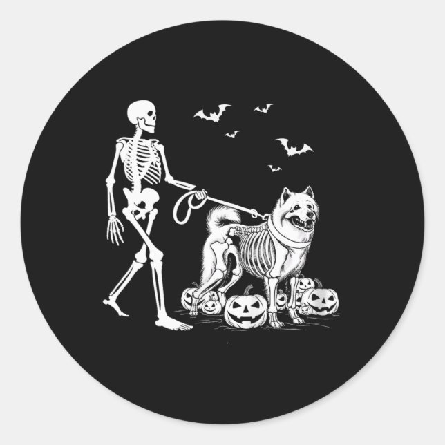 Halloween Skeleton Walking Samoyed Dog  Classic Round Sticker (Front)