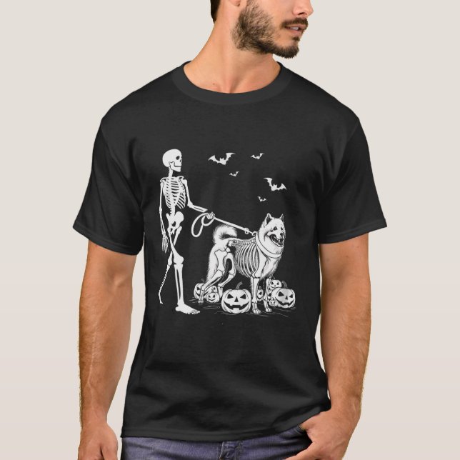 Halloween Skeleton Walking Samoyed Dog  T-Shirt (Front)
