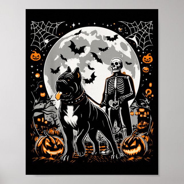 Halloween Skeleton Walking Skeletal Cane Corso Dog Poster (Front)