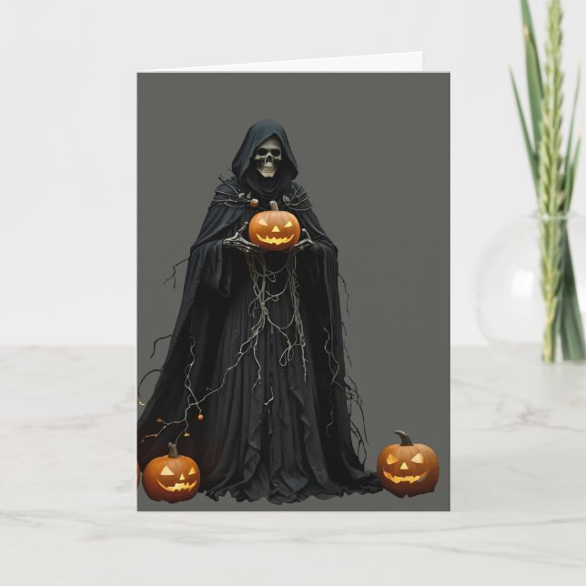 Halloween Skeleton Wearing Black Hooded Cloak Cut  Holiday Card (Front)