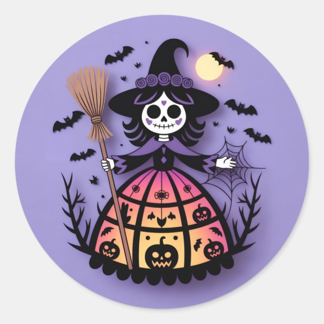 Halloween Skeleton Witch Classic Round Sticker (Front)