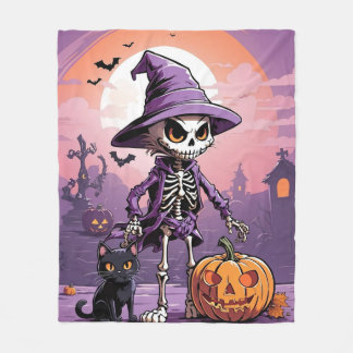 Halloween skeleton with black cat and pumpkin fleece blanket