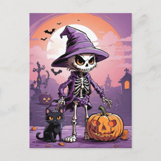 Halloween skeleton with black cat and pumpkin postcard