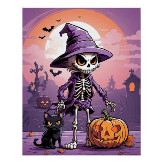 Halloween skeleton with black cat and pumpkin poster