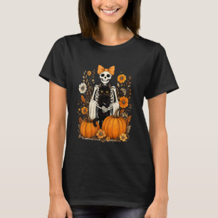 Halloween Skeleton with Black Cat Bow Autumn Pumpk T-Shirt