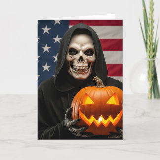 Halloween skeleton with carved pumpkin card