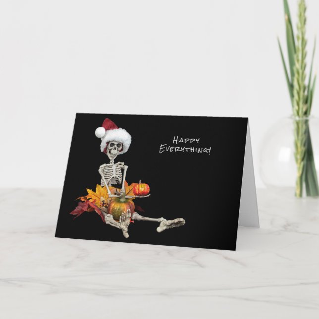 Halloween skeleton with Christmas hat Holiday Card (Front)