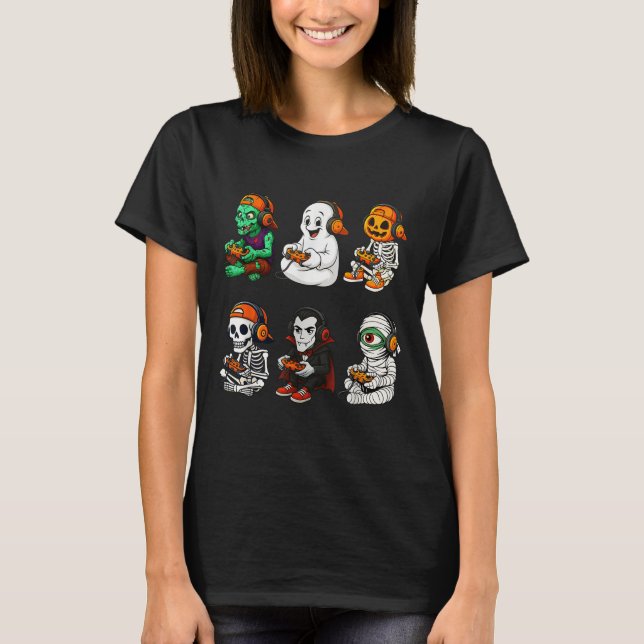 Halloween Skeleton, Zombie Gamer Video Gaming  T-Shirt (Front)