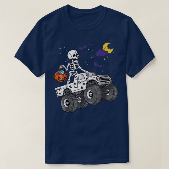 Halloween Skeleton Zombie Riding Monster Truck Vam T-Shirt (Design Front)